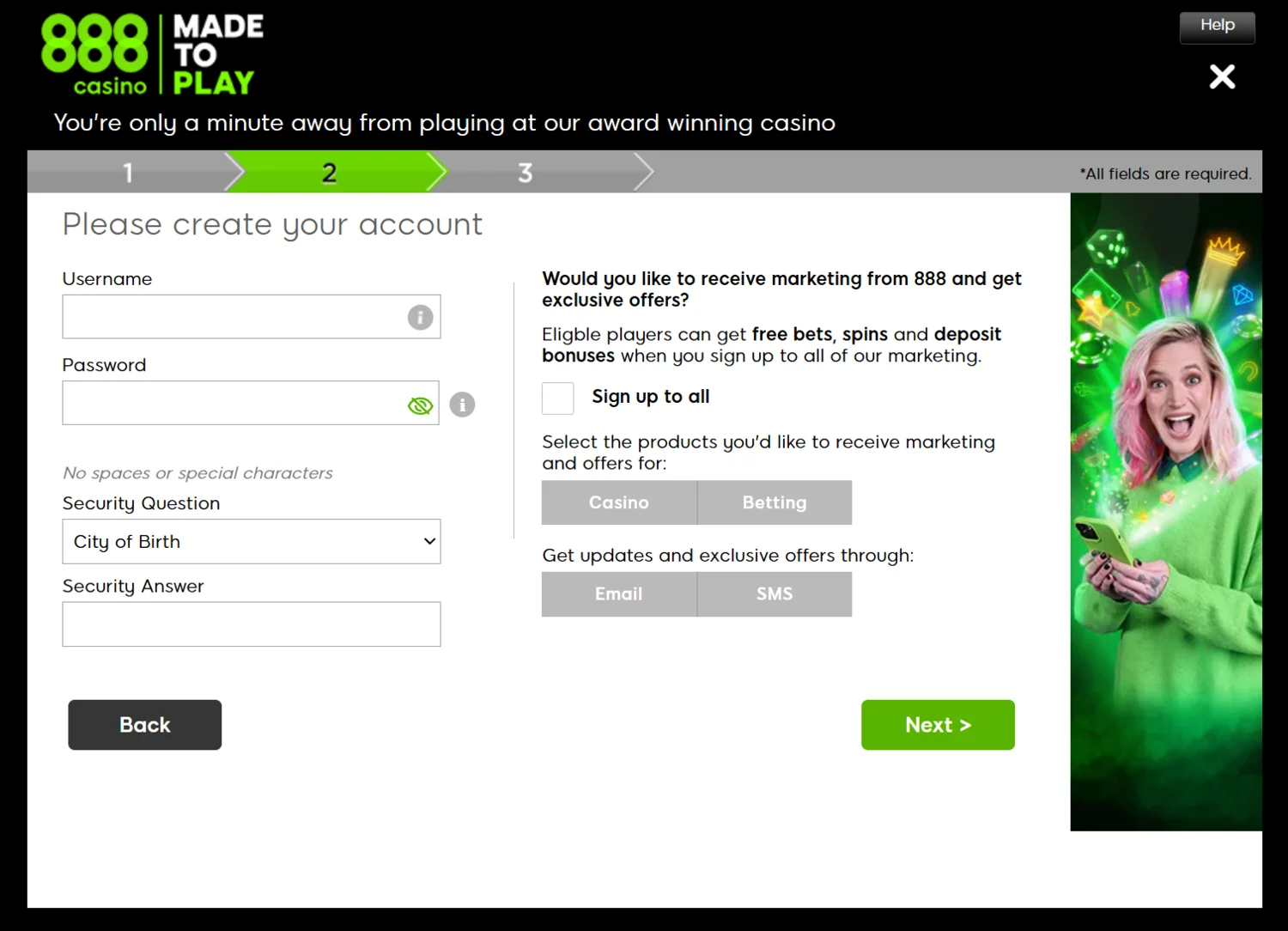 888Casino registration process step 2
