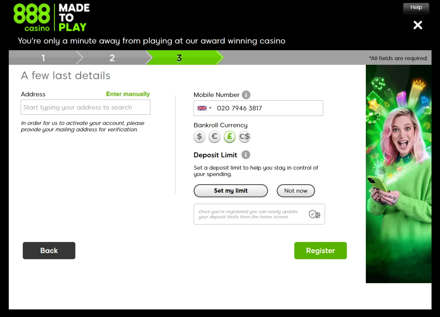 888Casino registration process step 3