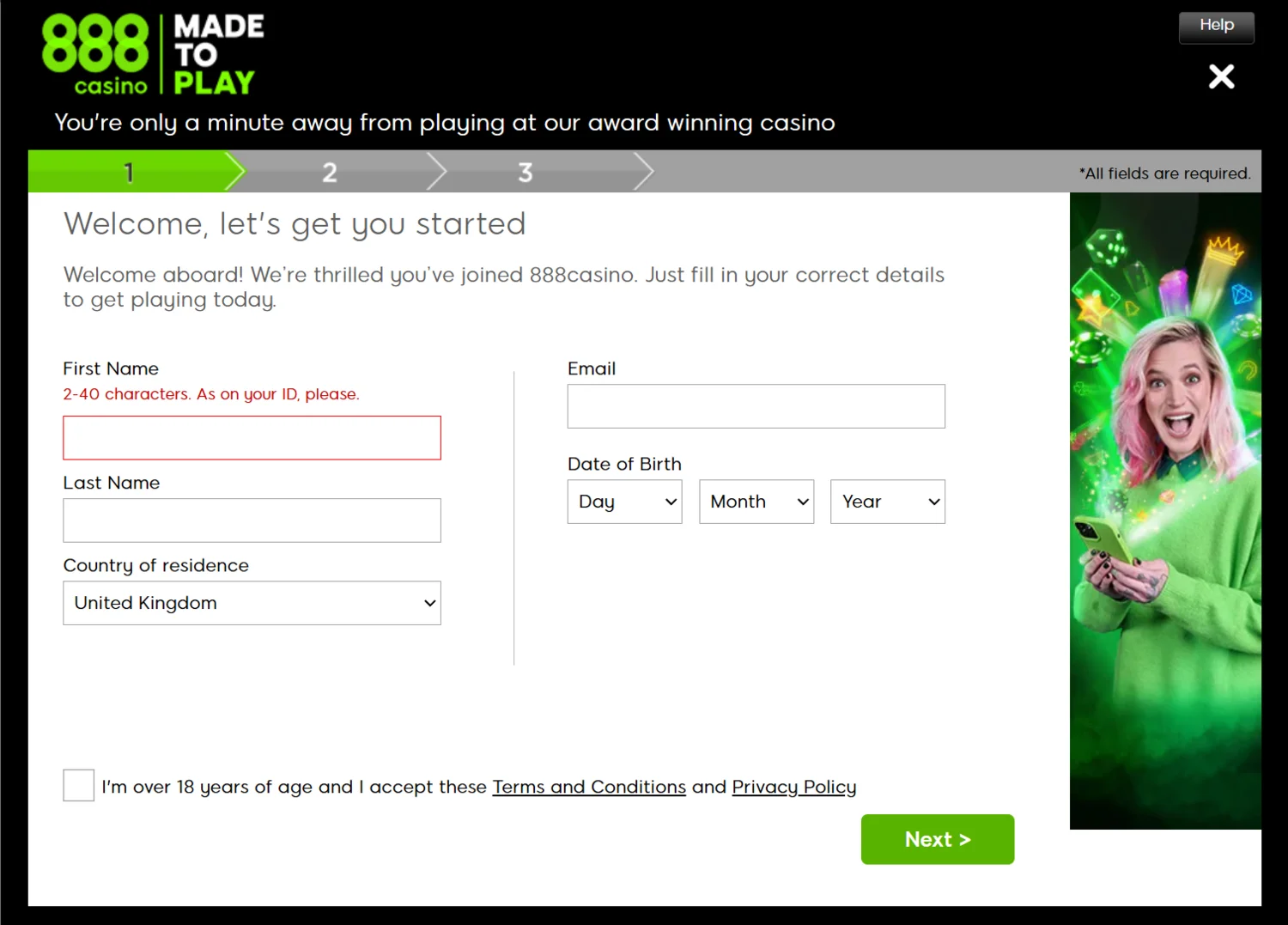 888Casino registration process